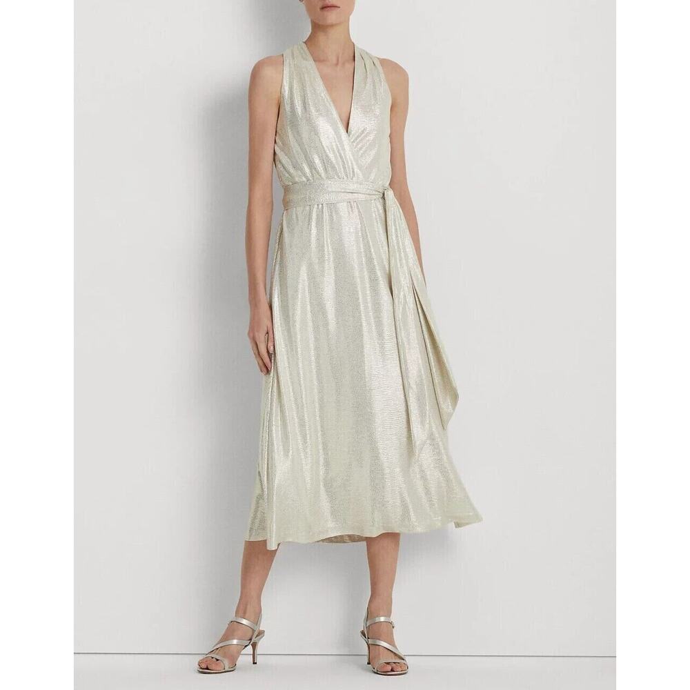 LAUREN RALPH LAUREN Women's Metallic Jersey Halter Cocktail Dress Size‎ 10